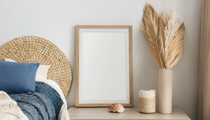 Mockup frame in bedroom interior background, Coastal boho style, 3d render