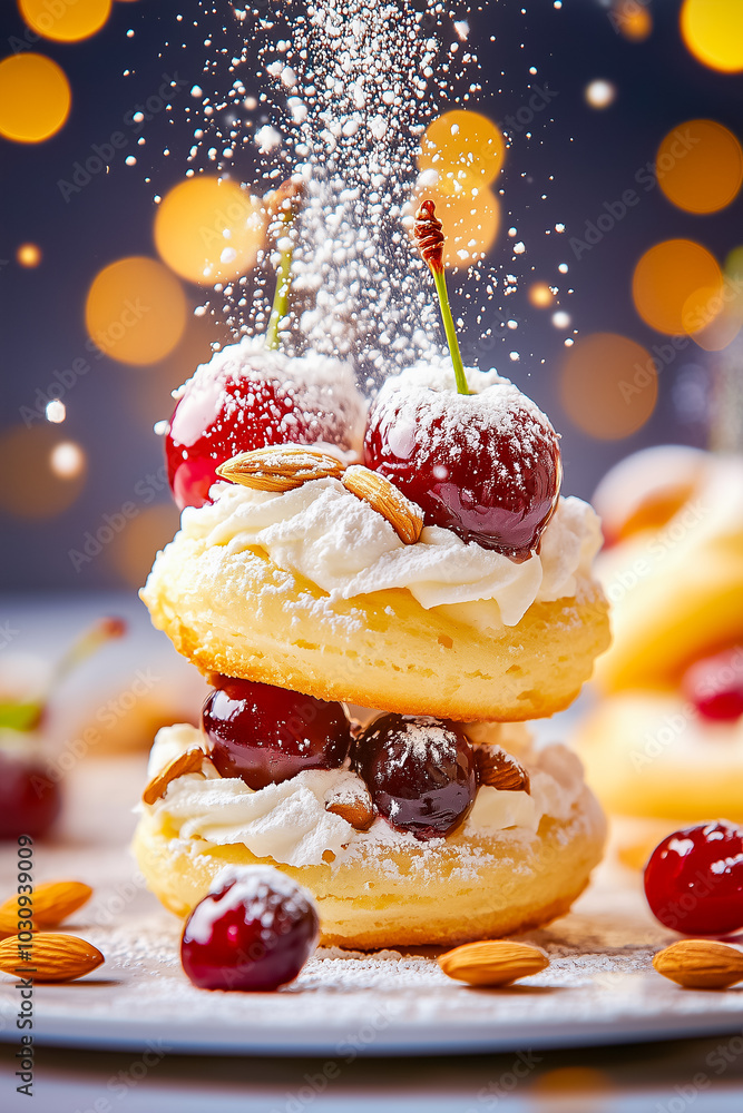 Poster two luscious profiteroles are stacked with a generous layer of cream and adorned with fresh cherries