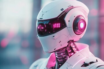 Fototapeta premium Futuristic White Robot with Illuminated Visor in Neon Environment