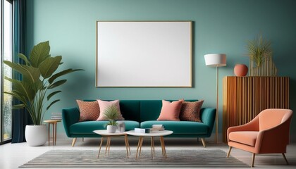 Poster frame mock-up in home interior background with sofa, table and decor in living room, 3d render