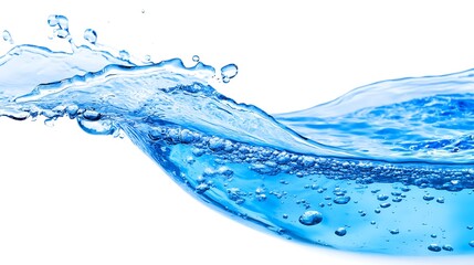 Blue water wave with bubbles, splashing and flowing on a white background.