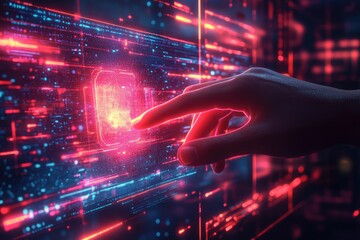 Futuristic Touch Interface with Hand Gestures and Holographic Display in a Dark Tech Environment