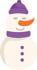 Cartoon snowman with a purple hat and scarf is smiling peacefully