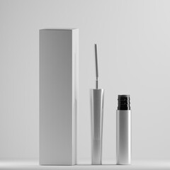 A silver mascara tube and wand set against a clean white background. The minimalist design and clean lines create a sleek and modern aesthetic, perfect for showcasing a high-quality cosmetic product. 