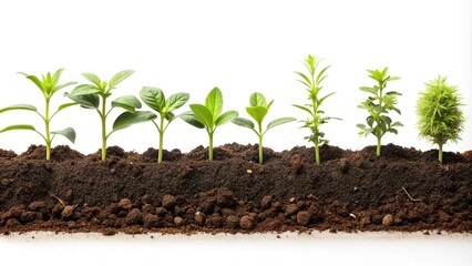 Realistic soil and plants row isolated on white background