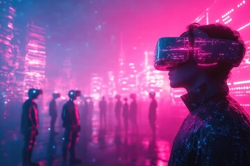 Fototapeta premium Futuristic Virtual Reality: Neon Cityscape and Immersive Technology