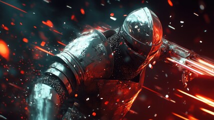 In a fiery battleground, a brave medieval knight clashes with a powerful cyborg, sparks flying amidst chaos