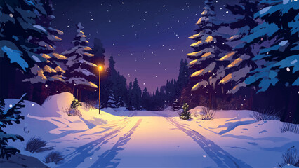 Snowy Forest Road with Starry Sky Night Landscape Cartoon Vector Illustration Featuring Winter Scene Scenic View Pine Trees Moonlight and Tranquil Atmosphere