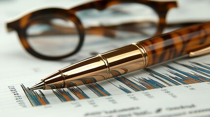 Fototapeta premium A gold pen rests on a financial report with glasses out of focus in the background.