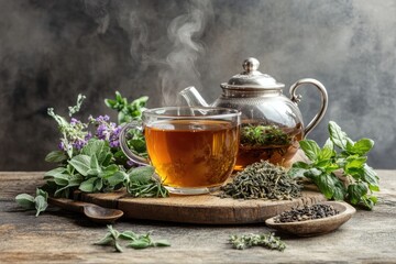 A steaming cup of herbal tea with a teapot, surrounded by loose tea leaves and herbs on a wooden table