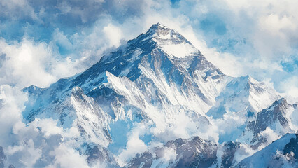 Obraz premium Summit of Everest Watercolor Background Illustration Featuring Majestic Mountain Peak Snowy Landscape Breathtaking View and Adventurous Spirit