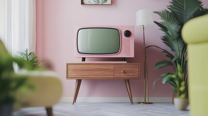 A vintage pink television set sits on a charming wooden stand, adding a touch of retro elegance to any living space
