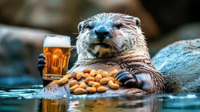 An Otter Enjoys a Beer and Peanuts While Relaxing in the Water: A Humorous Scene from Nature