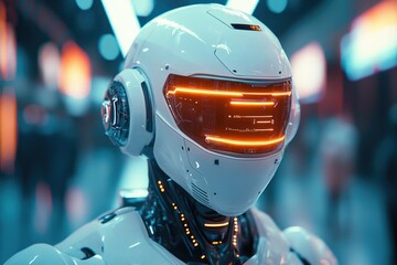 Fototapeta premium Futuristic Robot with Illuminated Visor in a Cyberpunk Cityscape
