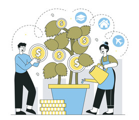 People watering money tree. Man and woman water tree with gold coins. Metaphor of investing and trading, entrepreneurship. Financial literacy and passive income. Linear vector illustration