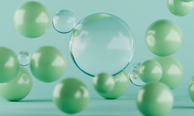 Minimalist Abstract Design Featuring Green Spheres and Glassy Bubbles