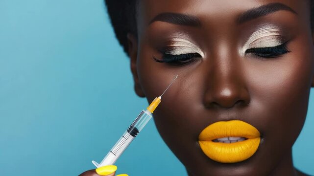 A black woman with yellow lipstick receives a facial beauty injection, holding syringe near her eye