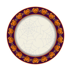 PlatePumpkinCircular frame border with childish pumpkin heads, traditional candy, sweets. For tableware decorations, prints, party goods, stuff. Vintage style.