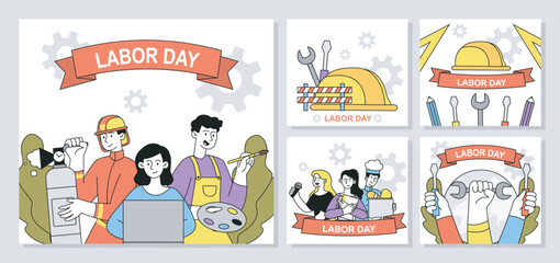 Fototapeta premium Labor day posters set. Firefighter, artist, singer, baker and teacher. International holiday and festival May 1. Tools for repairing. Linear vector collection