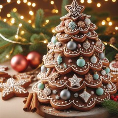 Gingerbread tree with colorful icing lights. Baking recipes for Christmas and New Year