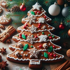 Gingerbread tree with colorful icing lights. Baking recipes for Christmas and New Year