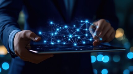 Businessman using a tablet and touching a digital connection network on a dark blue background, a close up of a hand holding a tablet with global connections or data transfer technology concept