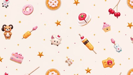 Playful pattern of cute desserts and treats including donuts, cupcakes, and candies on a light background
