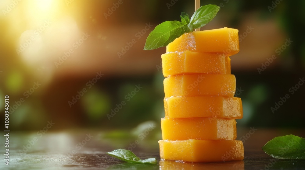 Aufkleber stack of mango cubes with basil leaf.