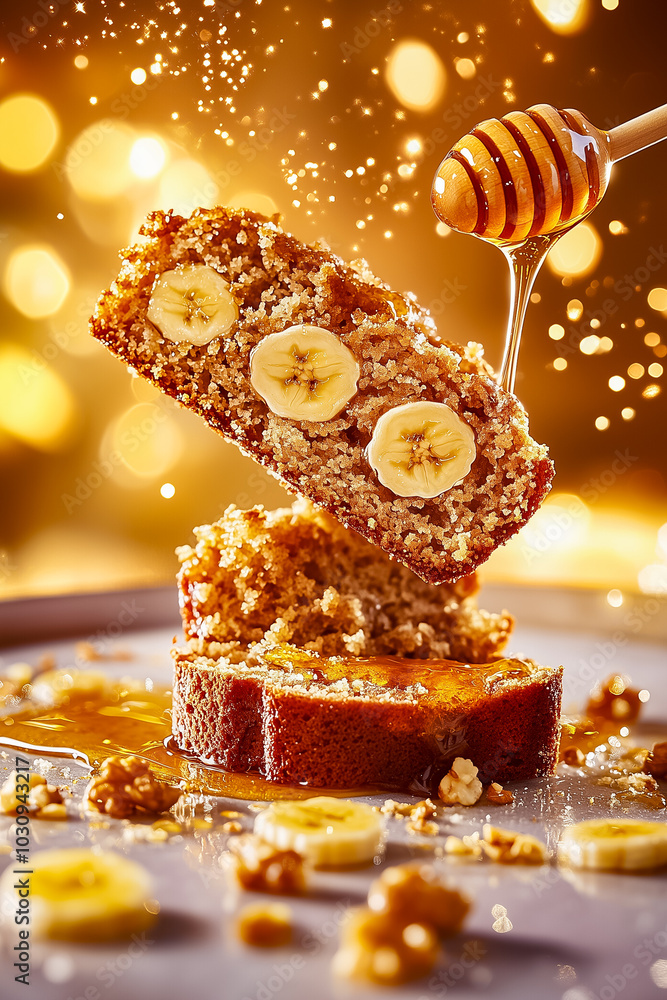 Poster a small banana bread slice is artistically drizzled with honey, adorned with banana slices and walnu