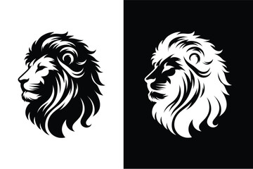 Lion black head vector silhouette icons icon set on white background.
