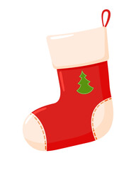 A Christmas sock for gifts. A red sock with a green Christmas tree on a transparent background.