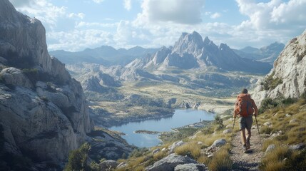 Fototapeta premium Closeup view of a hiker hiking in rugged land with majestic view.