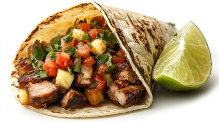 Delicious Mexican Taco with Grilled Meat, Pineapple, and Tomato Salsa