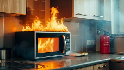 A kitchen microwave is engulfed in flames and smoke, highlighting a dangerous fire incident during cooking in a contemporary setting