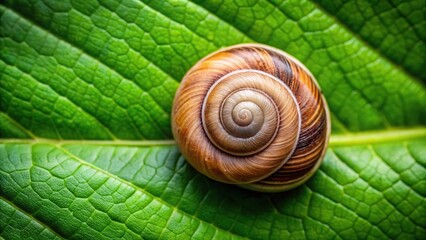Snail shell on green leaf aerial view