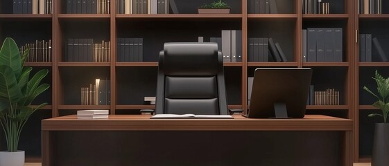 Executive Office:  A leather office chair sits behind a large wooden desk,  facing a computer screen in a dimly lit, upscale office.