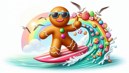 Naklejka premium Gingerbread man surfing on a candy wave. Baking recipes for Christmas and New Year. Postcard