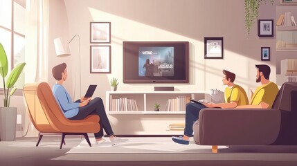 Friends choosing a movie to watch together at home, video on demand concept.
