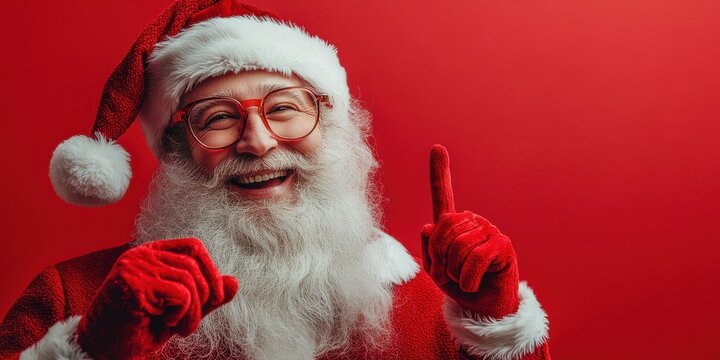 Santa Claus holding his finger up, promotion background with empty space for text