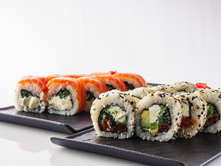 Fresh Sushi Rolls with Salmon and Tuna, Japanese Cuisine on a Gourmet Seafood Plate