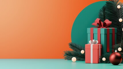Colorful Christmas presents with decorative bows and ornaments, set against a bright orange and teal background, creating a festive holiday atmosphere.