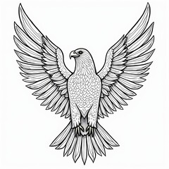 A detailed black and white illustration of an eagle with spread wings, showcasing its majestic features and intricate feather patterns