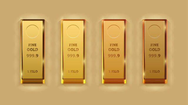 Top View of Fine Gold Ingots: 999.9 Pure Gold Bars with Shadow Effects and Various Weights. Vector.