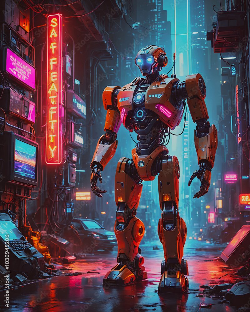 Poster 3d rendering of a robot in a futuristic city with neon lights