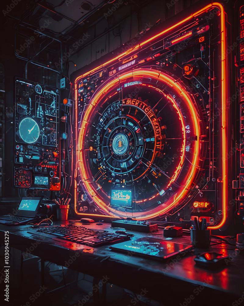 Poster futuristic glowing hud interface on computer desktop. technology concept. 3d rendering