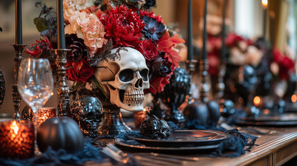 Obraz premium Elegant Halloween dining table setting with dark floral arrangements and skull decor in a lavish indoor space