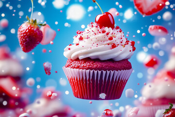 A tiny red velvet cupcake sits elegantly topped with whipped cream, cherries, and colorful sprinkles, surrounded by falling strawberries and a playful blue backdrop