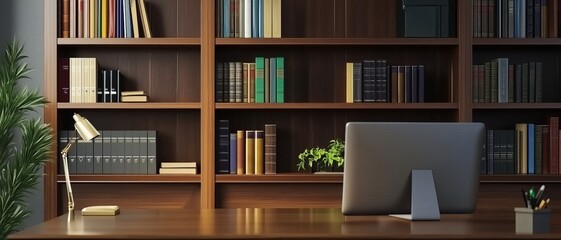 Serene Study: A Modern Workspace with Bookshelves 