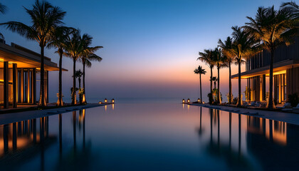 Obraz premium Chic Five-Star Hotel Panorama, Evening Serenity by the Pool with Palm Trees and Elegance 
