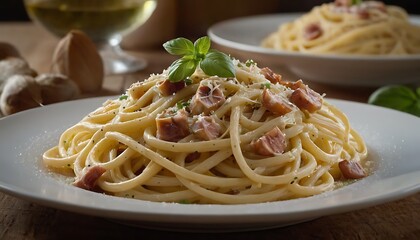 Traditional Italian pasta Carbonara, Spaghetti with bacon, egg and parmesan cheese